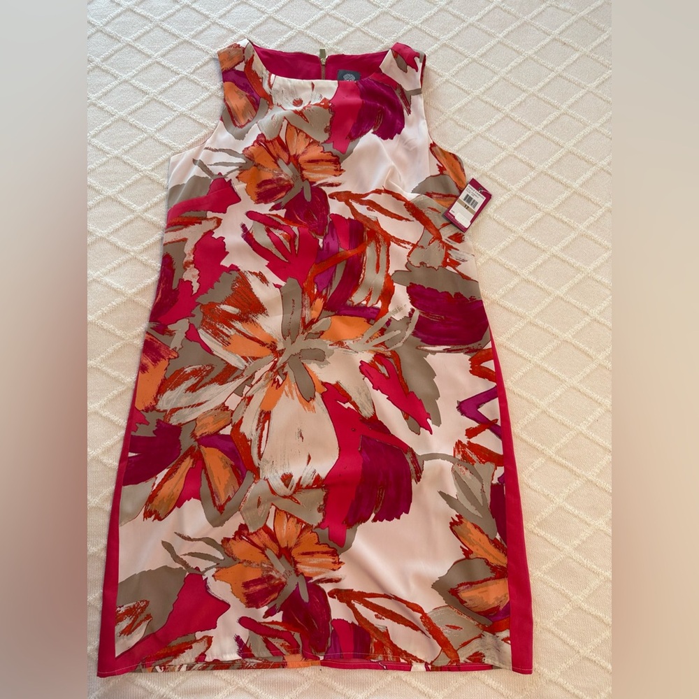 NWT Vince Camuto Bright orange pink watercolor sleeveless linen sheath dress 12